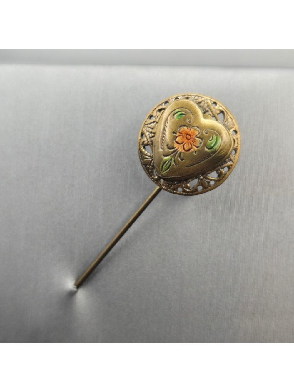 Vintage Victorian Revival Brass Heart Locket Stick Pin Enamel Floral Statement - Picture 4 of 12